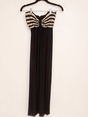 Foley XS Strapless Maxi Dress Navy Cream Metallic Ruched Y2K Formal Evening